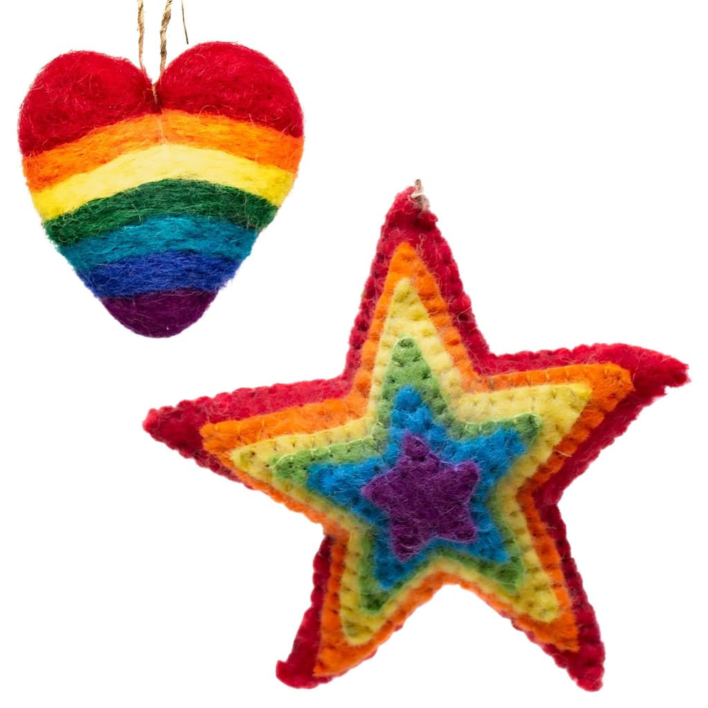 Needle Heart and STAR Burst Handmade Felt Ornaments, Set of 2