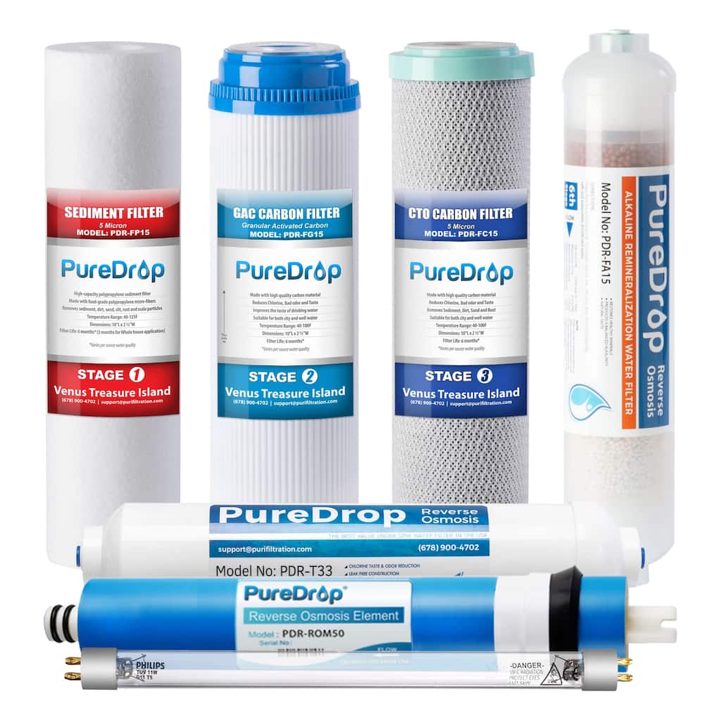 PureDrop PDR-F7KU50 Replacement Cartridges for RTW5AK-UV 7-Stage RO Water Filtration System, 7 Pieces