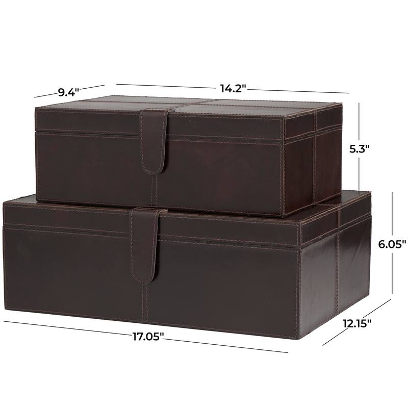 Dark Brown Leather Storage Box with Snap Front Closure and Detailed Stitching (Set of 2)