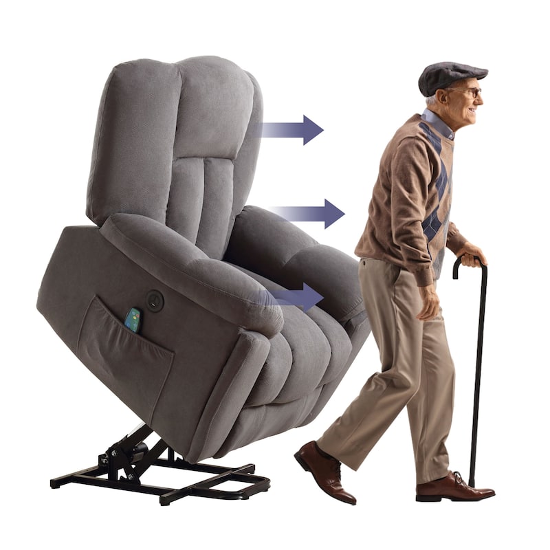 Grey Lift Recliner for Seniors with Heated Massage, USB Port, Side Pockets, and Durable Fabric Upholstery