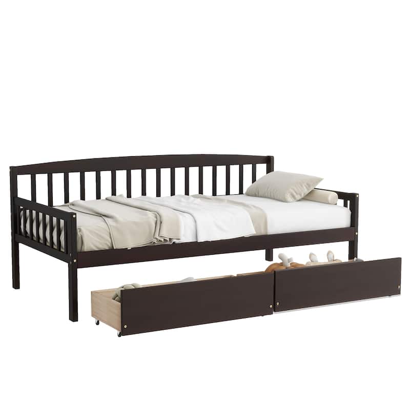 Twin-size Pine Wood Daybed with two Storage Drawers, Sofa Bed with Bed Platform of 10 Support Slats