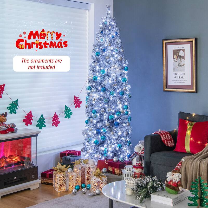 Gymax 7ft Pre-Lit Artificial Christmas Tree Hinged Slim Pencil Xmas