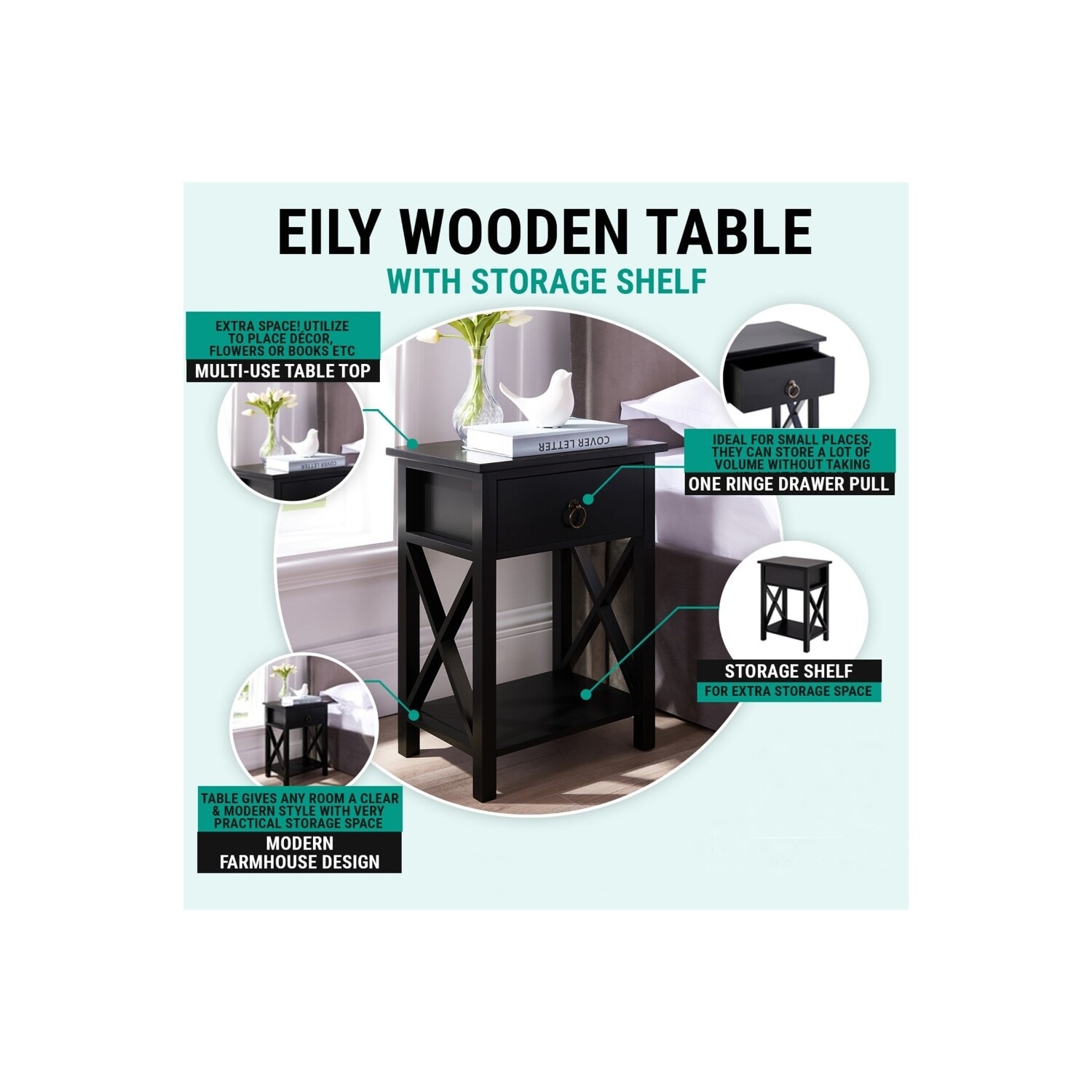 Eily Night Stand Bedside Table with Drawer Wooden Side Tables