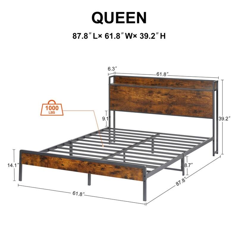 Mieres Queen Size Bed Frame, Platform Bed with Storage Headboard and Charging Station, Non-Slip Without Noise
