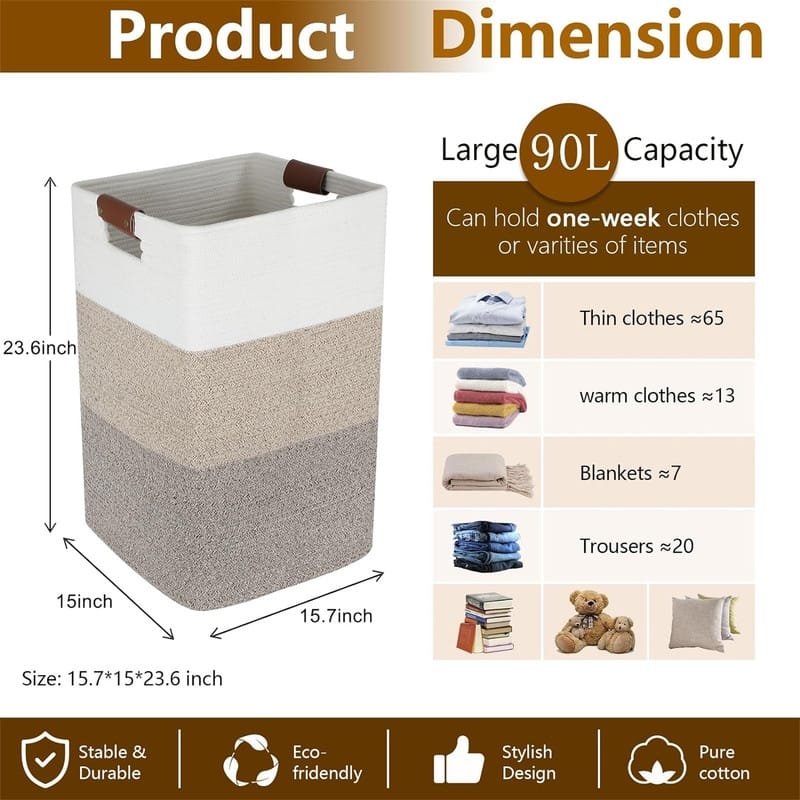 Laundry Hamper 90L Extra Large Laundry Basket - 15.7"L x 15"W x 23.6"H