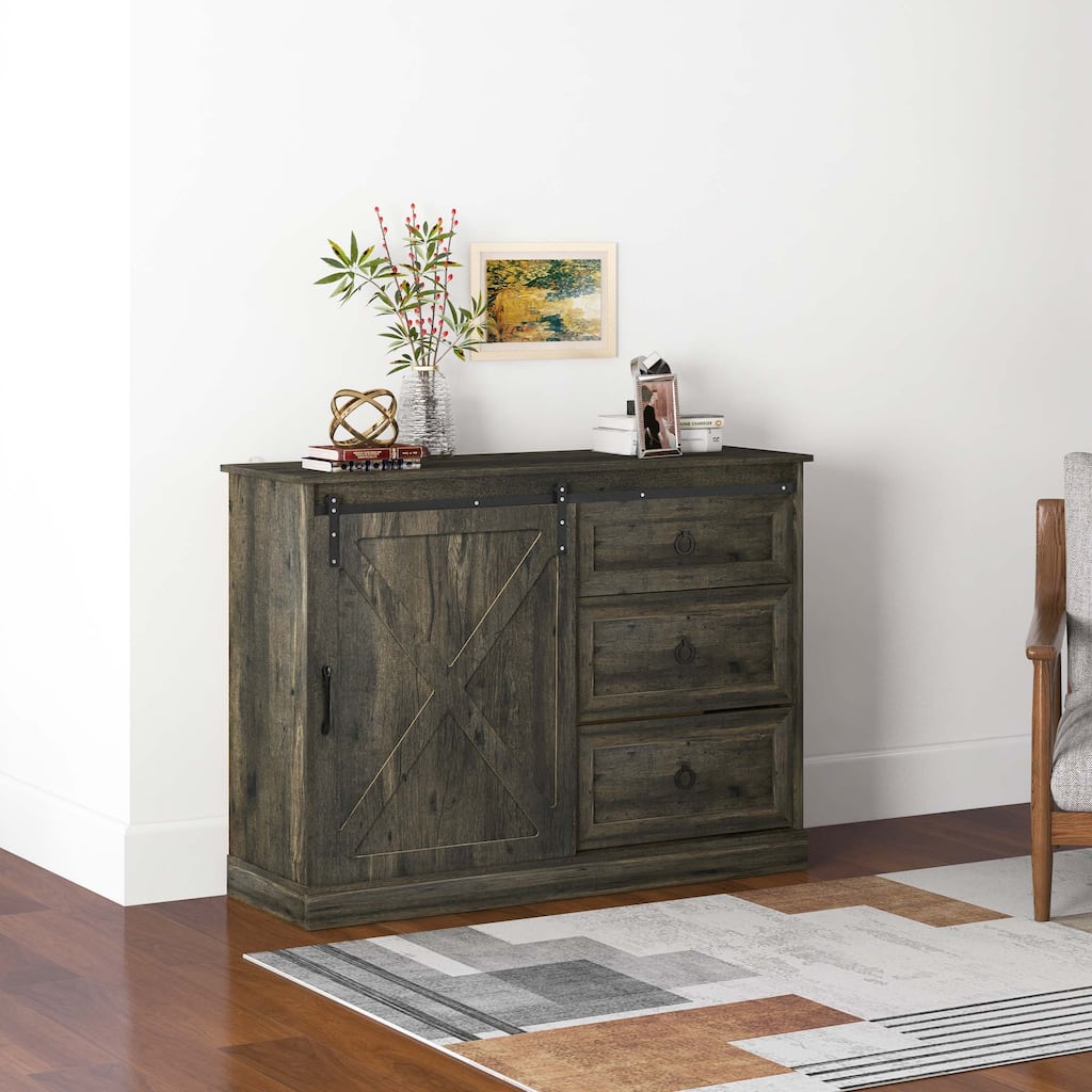 Sideboard Buffet Cabinet, Kitchen Cabinet Coffee Bar Cabinet with Sliding Barn Door and 3 Storage Drawers