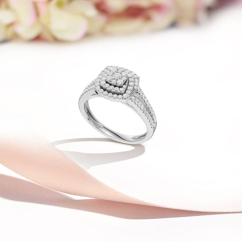 1/2ct TDW Diamond Double Halo Engagement Ring in 10K White Gold for Women