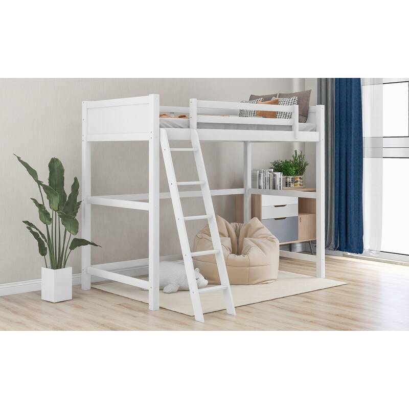 Modern Simple Style Twin Size Solid Pine Wood Loft Bed with Full Length Guardrail and Inclined Ladder