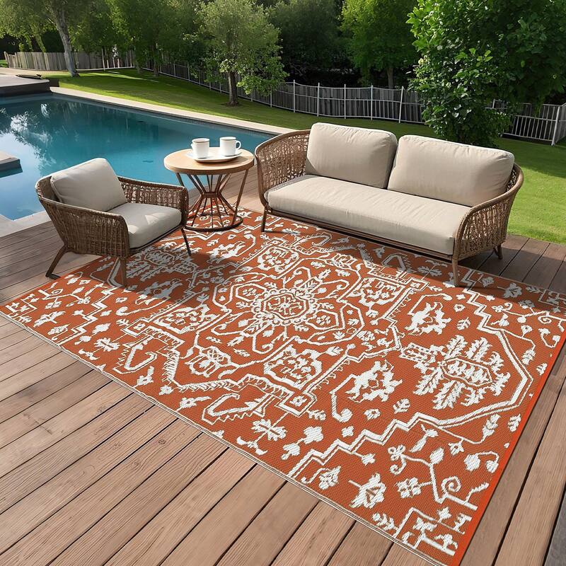 Outdoor Rug Reversible Plastic Straw Rug Outside Outdoor Waterproof Area Rug for Patio Deck Balcony Backyard Beach - 8'x10' - Brick Red White