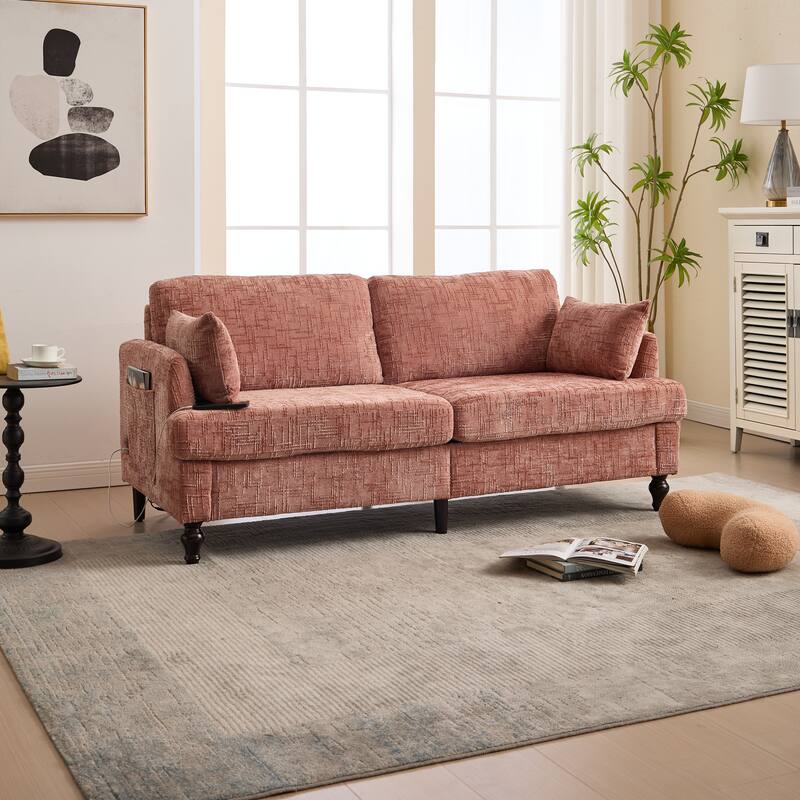 Modern Style Chenille 2-Seater Wood-Legged Sofa With Led Light,USB Charging Port And Storage Bag Living Room Bedroom Study Room