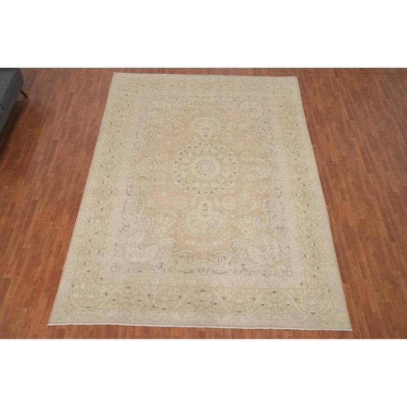 Hand Knotted Oriental 100% Wool Carpet Traditional Floral Beige & Ivories Kerman Area Rug - 12' 10'' X 9' 7''