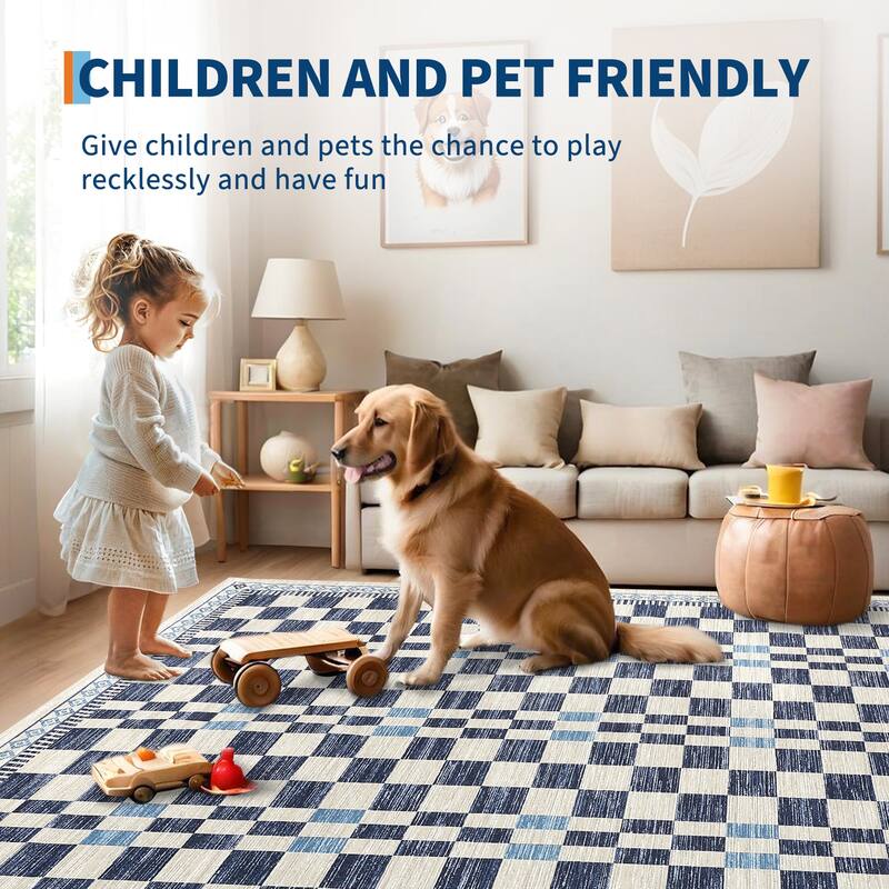 Checkered Area Rugs for Living Room Soft Modern Geometric Rug Non-Slip Low Pile Carpet for Bedroom, Dining Room