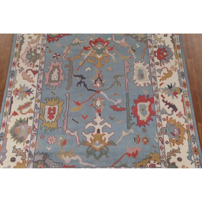 Blue Oushak Area Rug Hand-Knotted Floral Wool Carpet - 8'2" x 10'0"