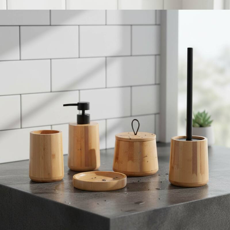 5-Piece Bathroom Accessory Set Bamboo Natural Decor