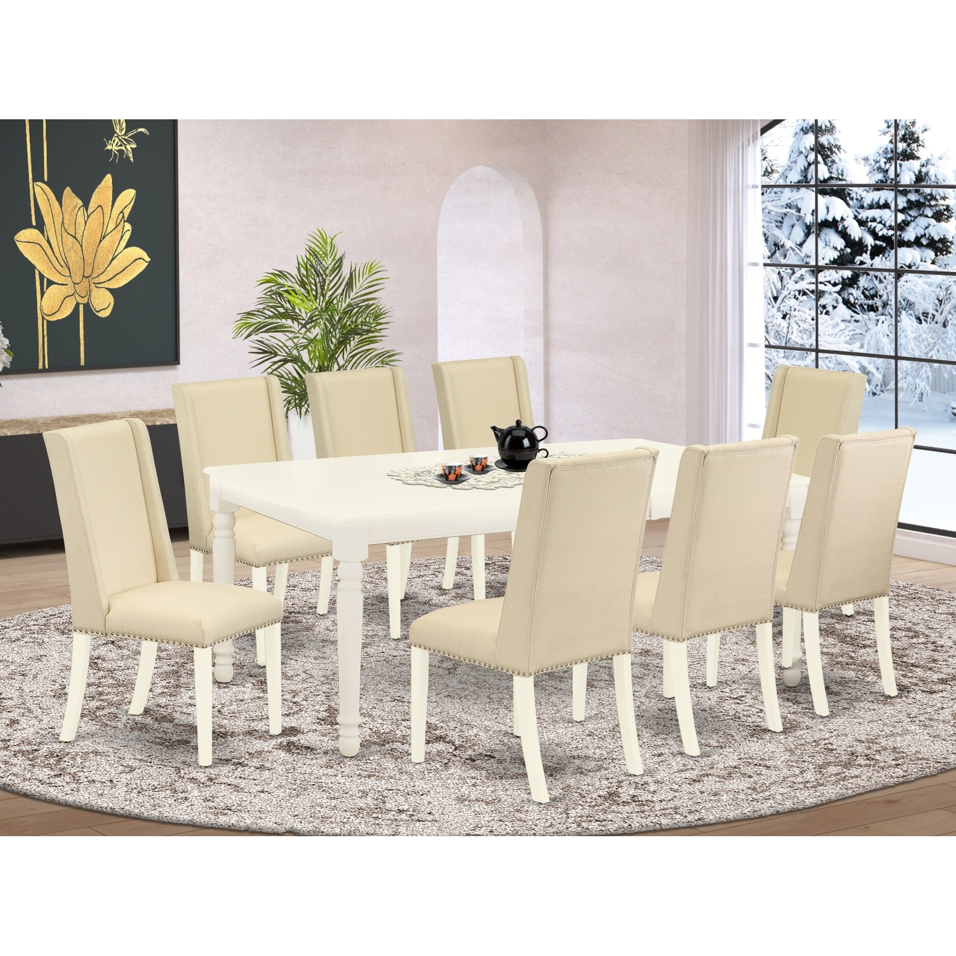 Dofl9 Lwh 01 9 Piece Dining Room Set 8 Parson Chairs And Living Room Table High Back Linen White Finish Overstock 32085571