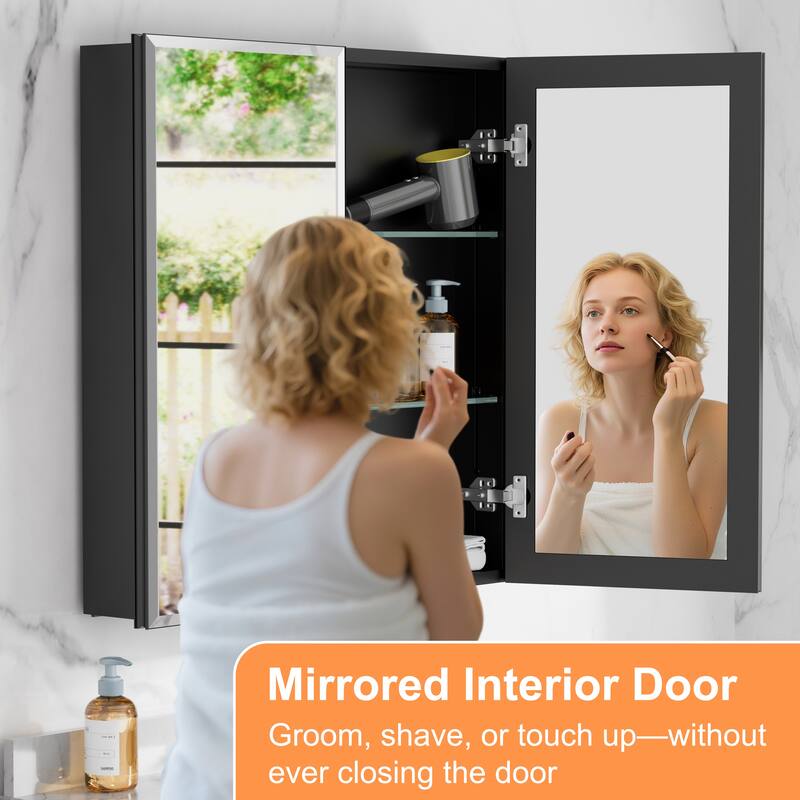 Belle Medicine Cabinet with Mirror, Adjustable Shelves, Recessed or Wall Mount