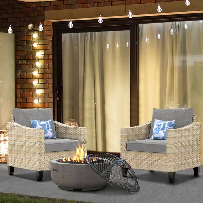 HOOOWOOO 3-piece Outdoor Patio Wicker Chat Set with Firewood Stove