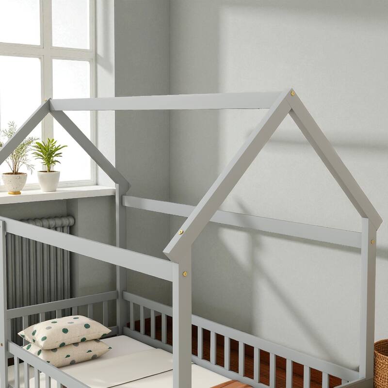 Twin Size Wooden House Floor Bed with Roof Frame and Safety Guardrails, Solid Rubber Wood Montessori Bed for Kids