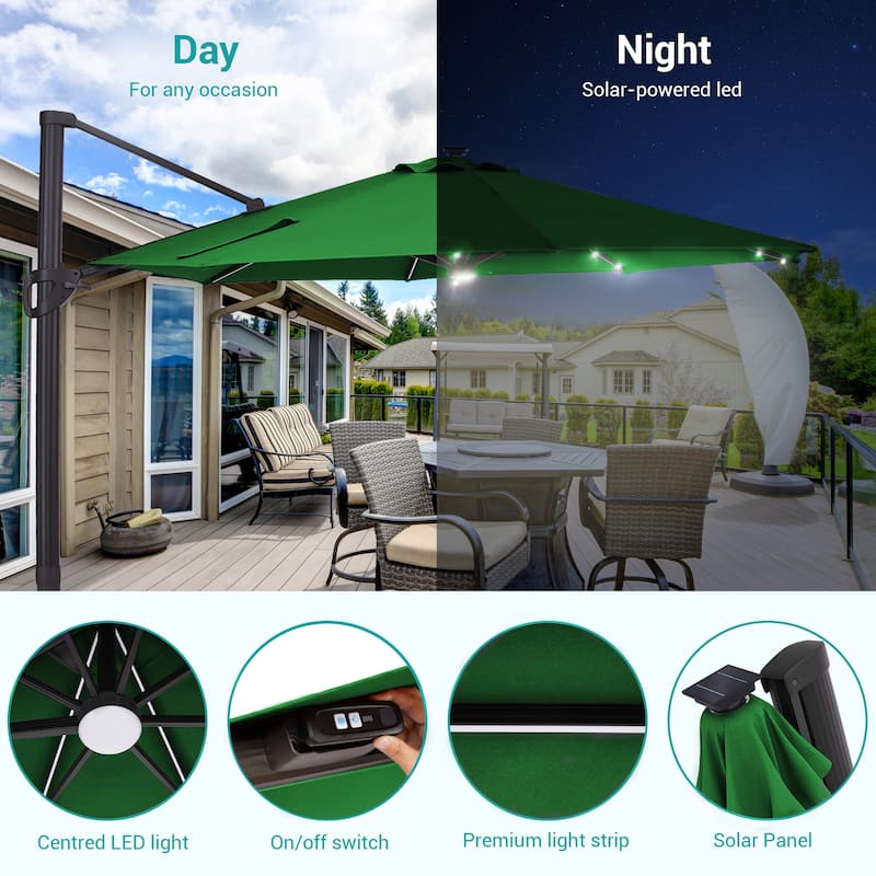 Bonosuki 11Ft Aluminum LED Cantilever Patio Umbrella with Base for Patio Deck Garden