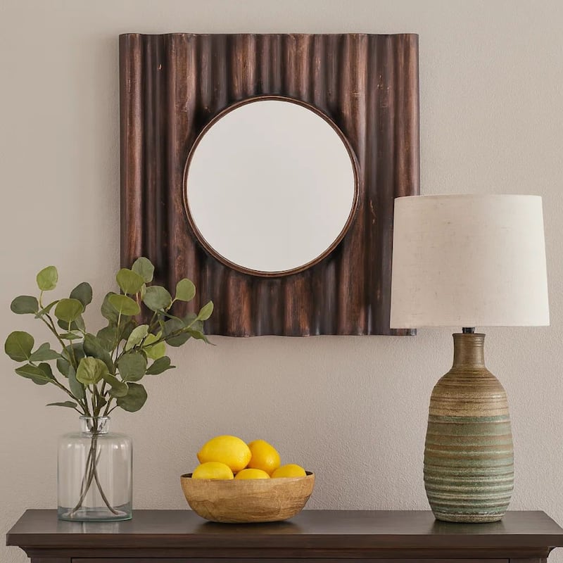 Traditional Style Wooden Round Mirror with Panpipe Style Frame , Brown - clear