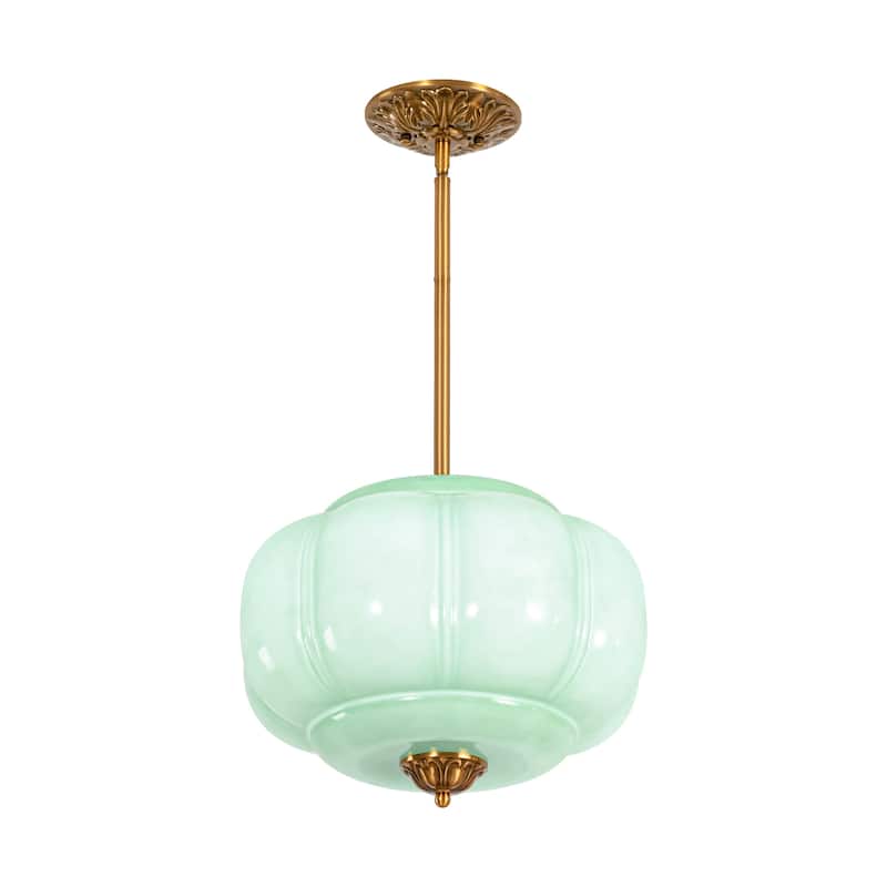 1-Light Retro Antique Brass Pumpkin Shaped Flush Mount Ceiling Light/Pendant Light with Milk/Green Glass for Kitchen,Dining Room