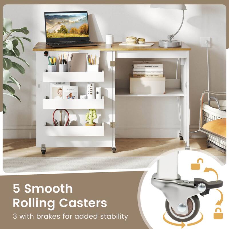 Costway Folding Sewing Table Rolling Craft Station with 3 Storage Bins - See Details