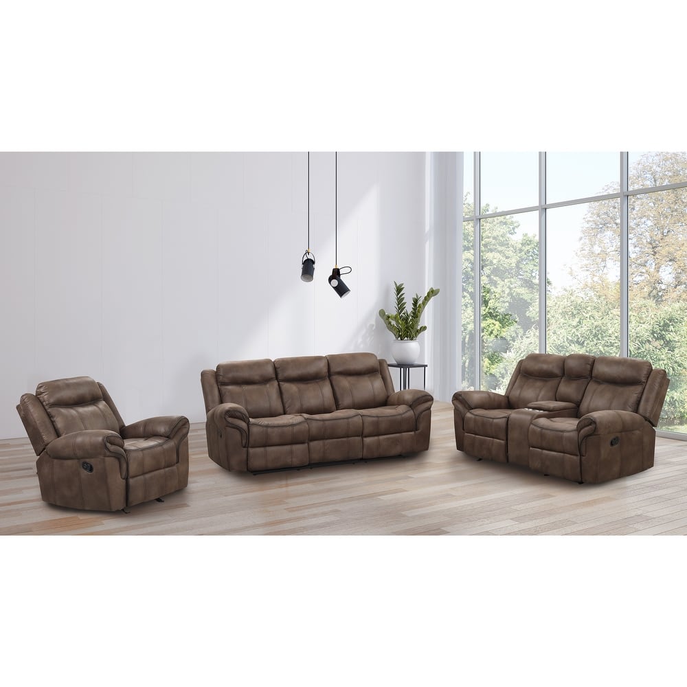 Verne Modern 3-Piece Brown Leather Manual Reclining Sofa Set with Cup Holders