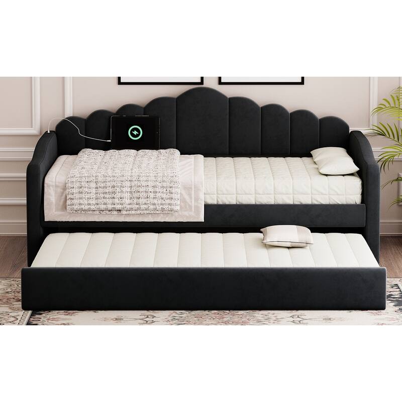 Twin Upholstered Velvet Daybed with Trundle and USB Charging Ports, Black