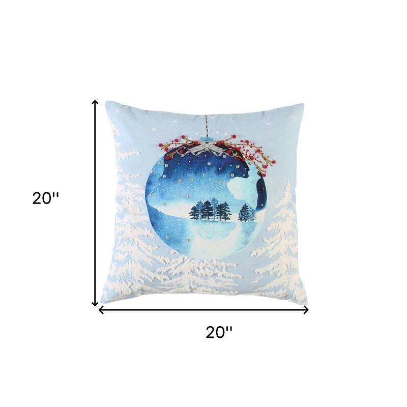HomeRoots 20" Blue Christmas Ornaments Cotton Throw Pillow