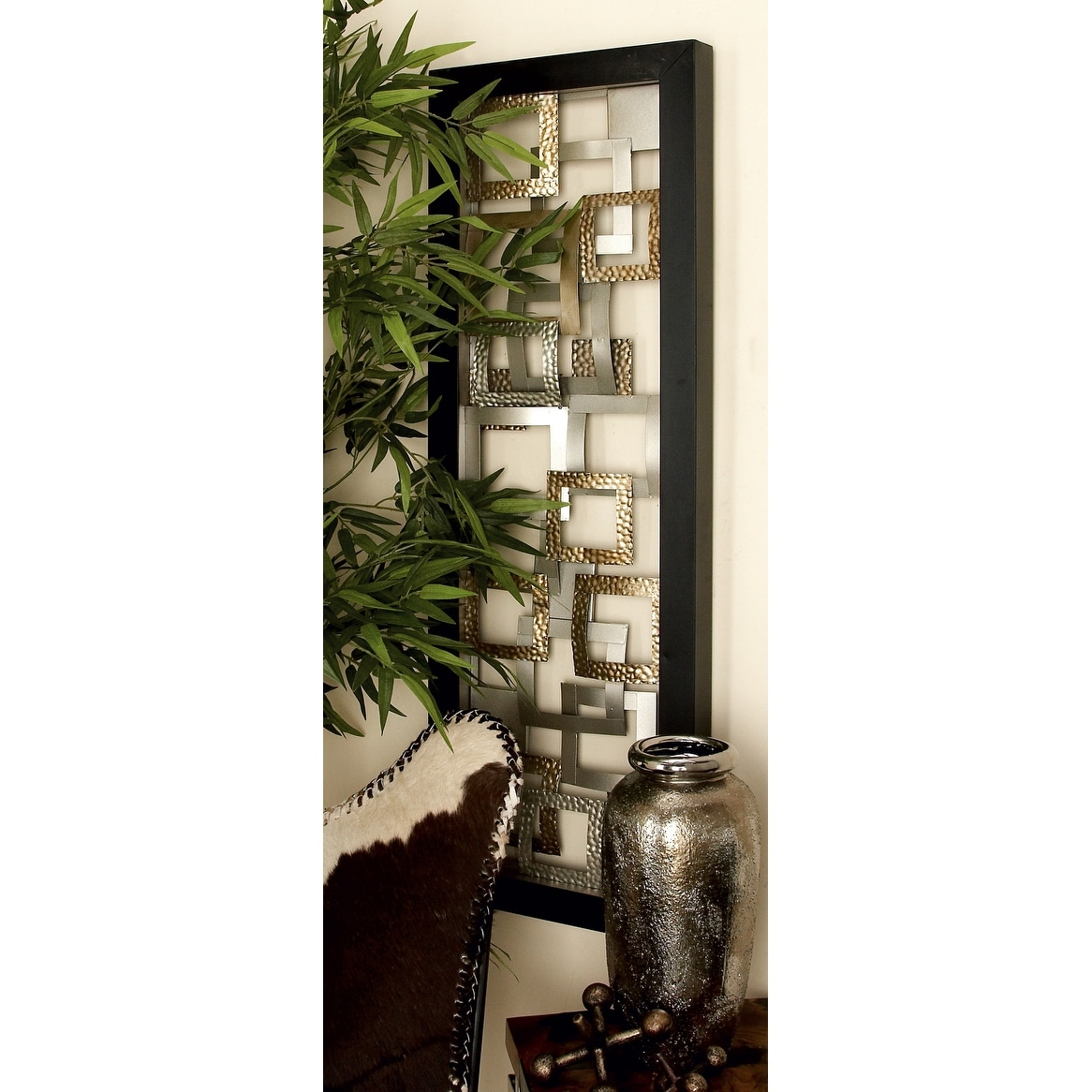 Gold Metal Square Ribbon Geometric Home Wall Decor with Black Frame