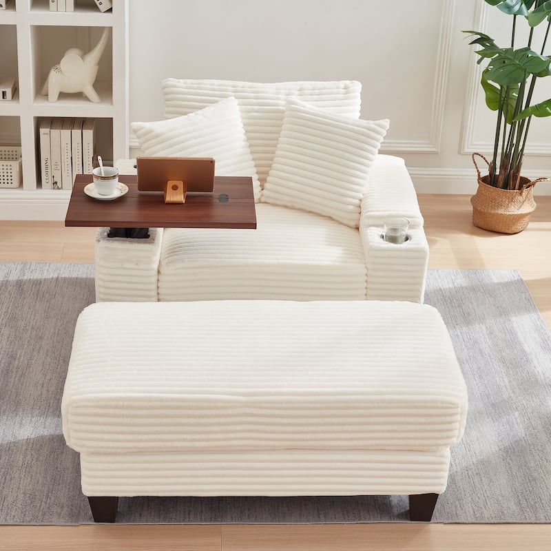 Versatile Chaise Lounge Single Sofa Chair with Ottoman, Swivel Table, Storage Armrest, Cup Holder, Bluetooth Speaker and USB