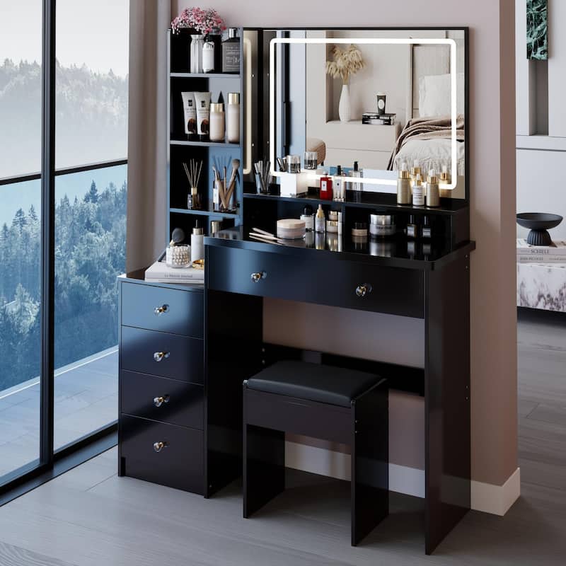 41"Large Size Left Bedside Cabinet Vanity Table+Cushioned Stool, Extra Large LED Mirror, Multi Layer High Capacity Dresser