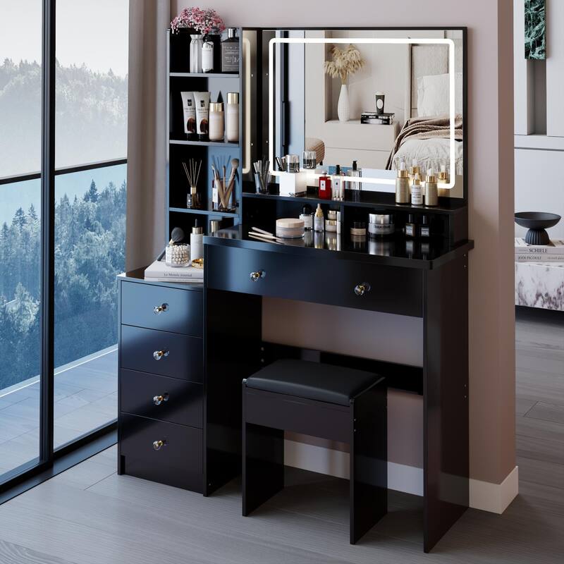 Vanity Desk with Touch Control LED Sliding Mirror, Large Capacity Dresser Table Set, Makeup Vanity with 5 Drawers & Stool
