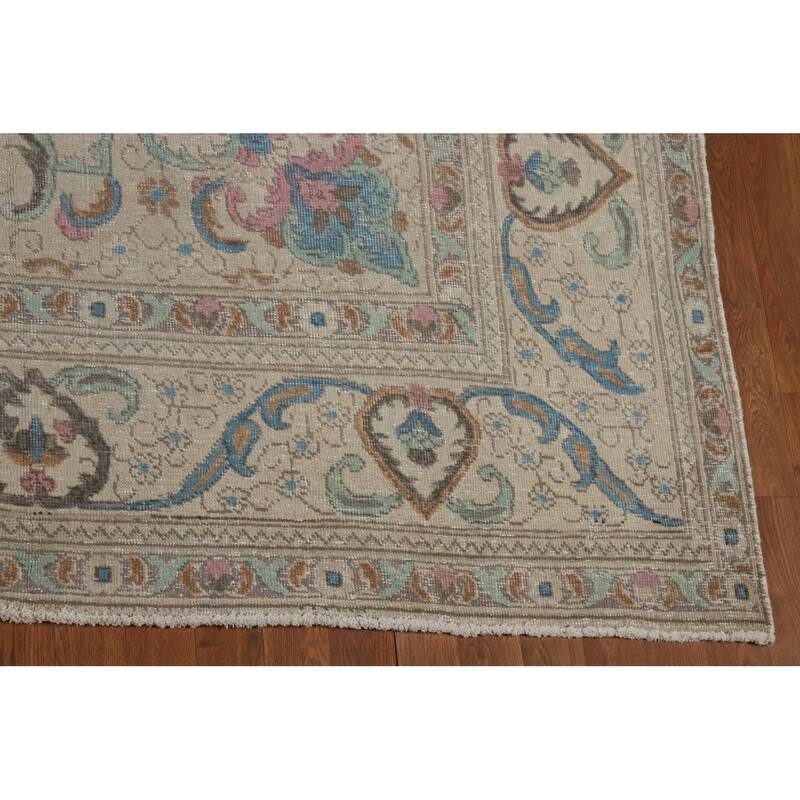 Floral Tabriz Persian Area Rug Oriental Hand-Knotted Beige Wool Carpet - 9'11"x 11'9"