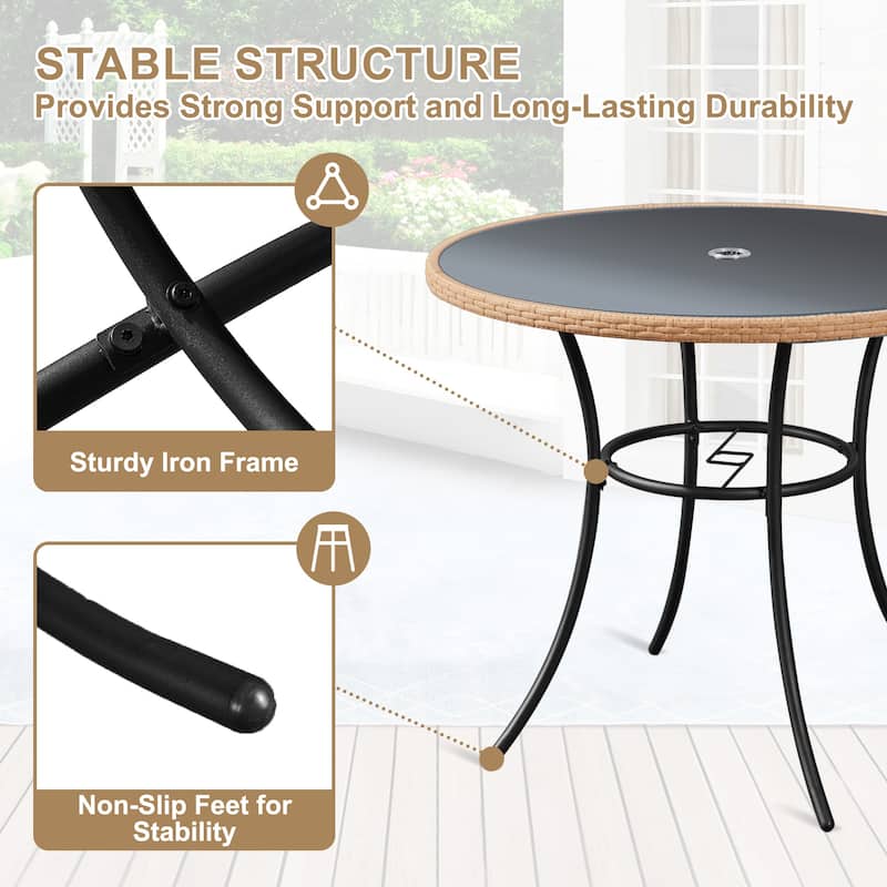35" Square/Round Outdoor Dining Table - All-Weather Wicker Patio Table with Tempered Glass Top & Iron Frame for Balcony