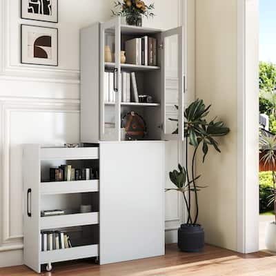 70.87" H Display Storage Cabinet , 4 Tier multi-functional pull-out multi-tier storage shelf & 2 Glass Doors