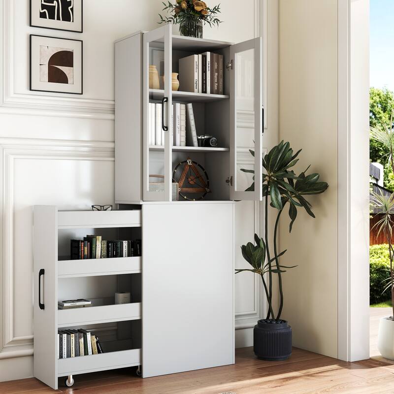 70.87 inch H Display Storage Cabinet 4 Tier Pull out Shelf 2 Glass Doors Modern Wooden Tall Bookshelf Living Room - White