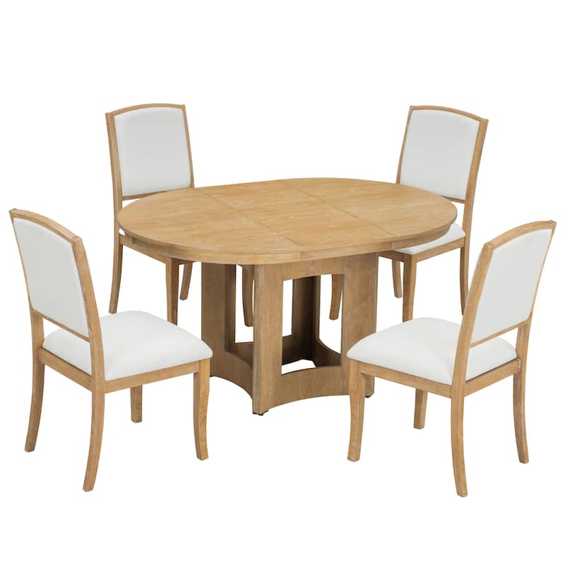 Farmhouse 5-Piece Extendable Round Dining Table Set with 4 Upholstered Chairs for Compact Living Spaces