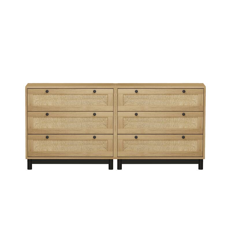 Rustic 3-Drawer Storage Cabinets with Rope Woven Drawers - Set of 2