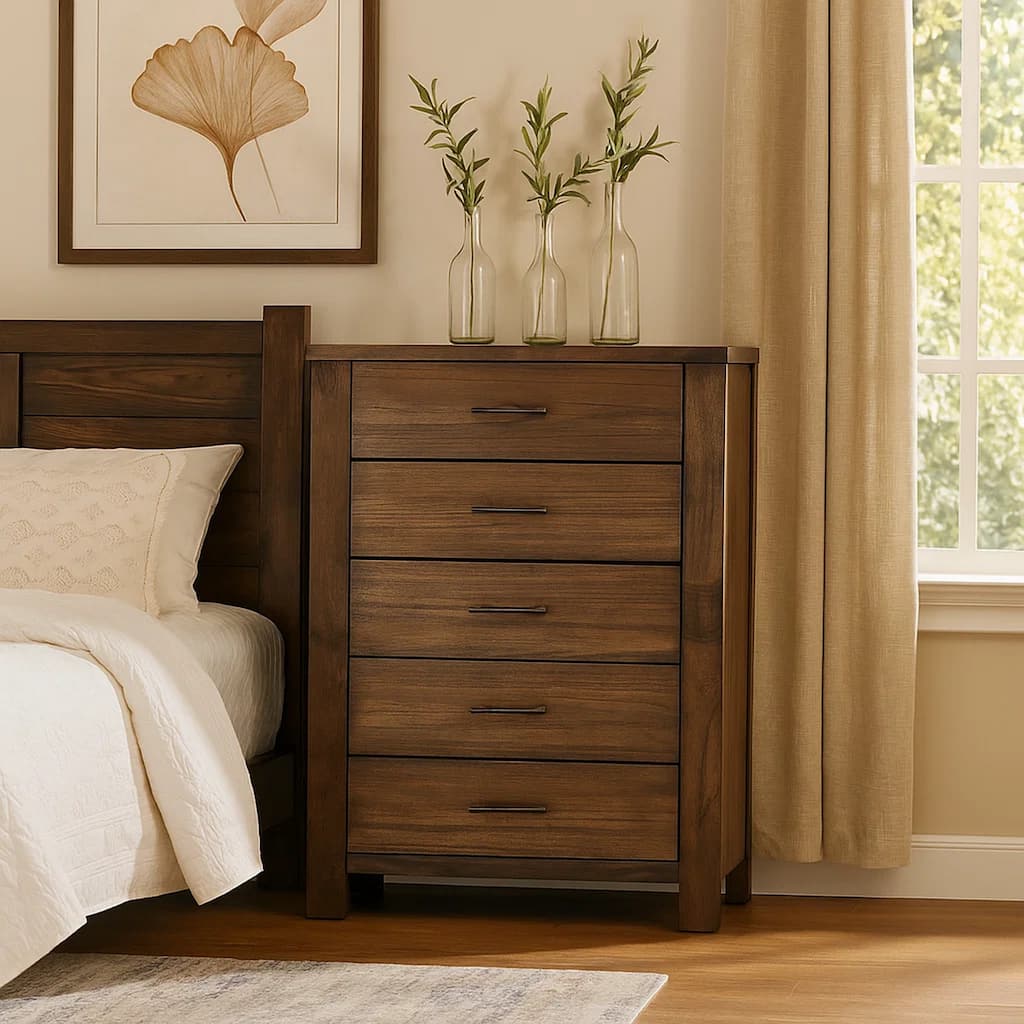 5 Drawer Wooden Chest with Metal Bar Handles and Block Legs, Brown