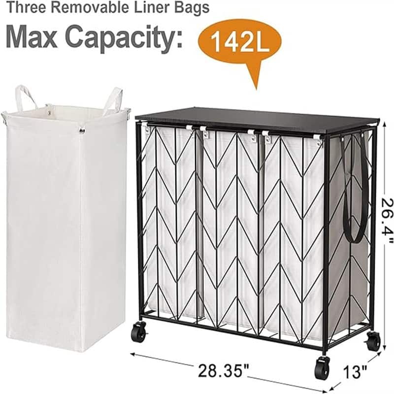 Laundry Basket with Wheels, 142L Laundry Hamper 3 Section with Lid - 28.35"L x 13"W x 26.4"H