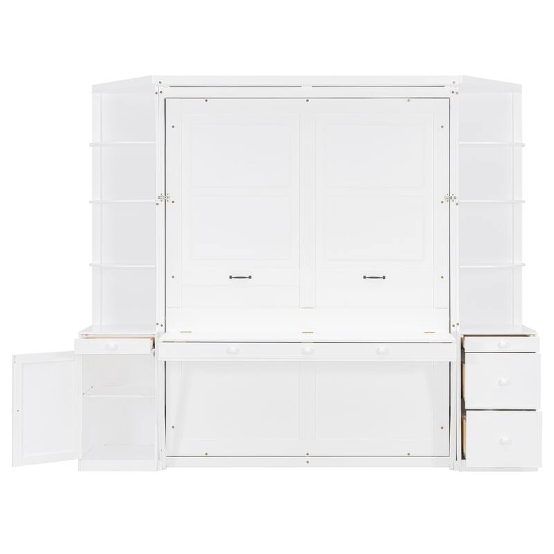 Space Saving Queen Murphy Bed with Integrated Desk, Storage Shelves Hidden Workstation