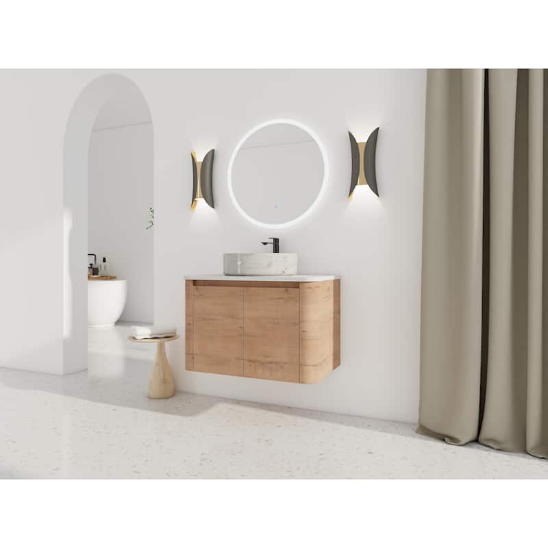 30'' Wall-Mounted Bathroom Vanity With Ceramic Art Sink & 2-Soft-Close Door, KD-Packing, Plywood