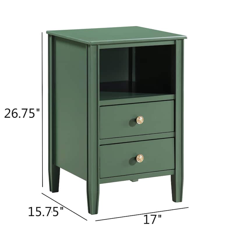 Modern Nightstand with 2 Drawers and Open Shelf Fluted Legs No Assembly