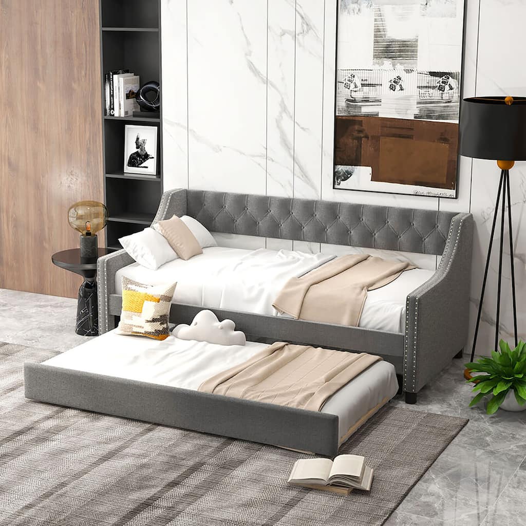 Gymax Twin Size Daybed w/ Trundle wingback Armrests & Button Tufted