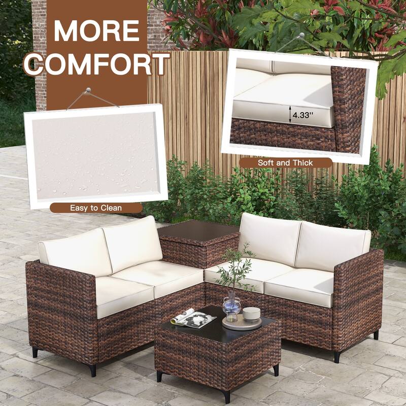4-Piece Rattan Patio Set – Modular Sectional with Storage Box & Glass Table, Weather-Resistant for Outdoor Lounge,