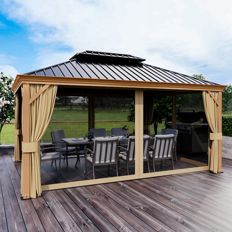 12x16ft Outdoor Double-Roof Aluminum Gazebo with Curtains and Mosquito Netting