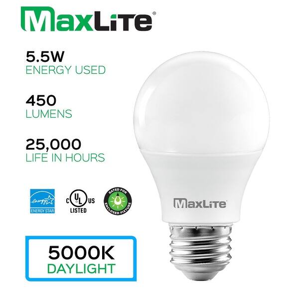 MaxLite A19 LED Bulb, Enclosed Fixture Rated, 40W Equivalent, 450 Lumens,  Dimmable, E26 Base, 5000K Daylight, 16-Pack - Overstock - 31827154
