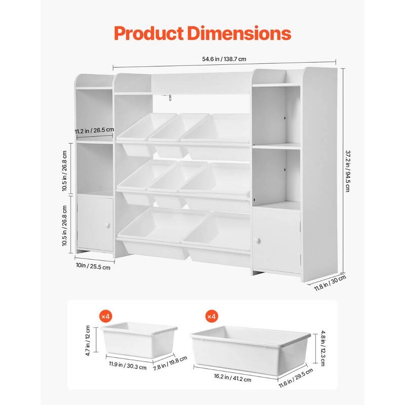 White MDF Kids Toy Organizer with Bookshelves, Bins and Storage Cabinets