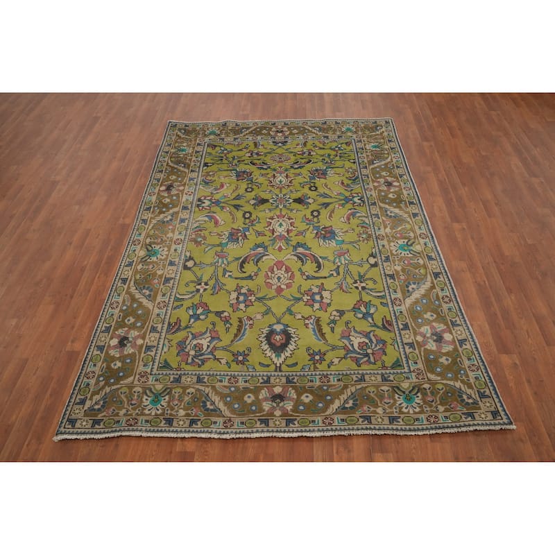 Hand Knotted Oriental 100% Wool Carpet Traditional Floral Green Tabriz Area Rug - 9' 1'' X 6' 3''